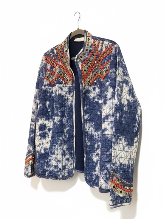 Chico's Jackets & Blazers - 🔻Chico’s Embellished Indigo Tie Dye Quilted Jacket Beaded Boho Artisan Size 2